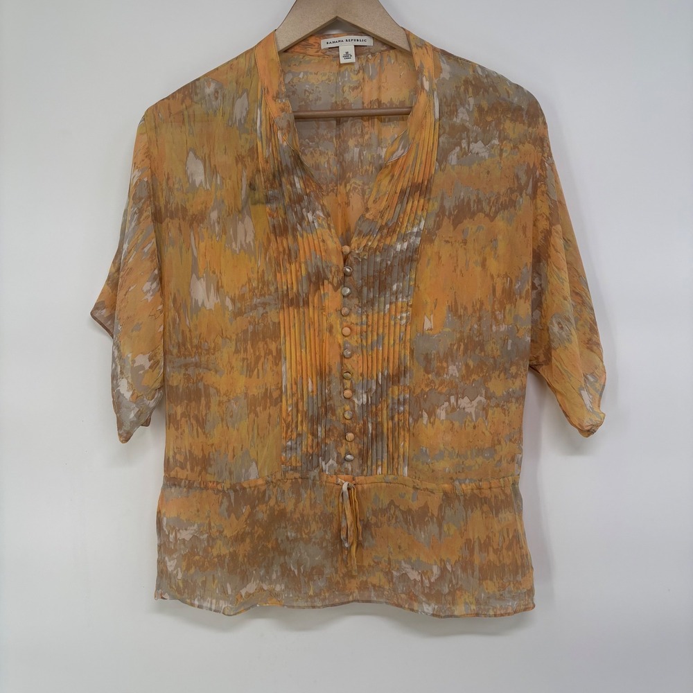 Banana Republic 100% Silk Abstract Watercolor Pintuck Top M Indie Sheer Fairy